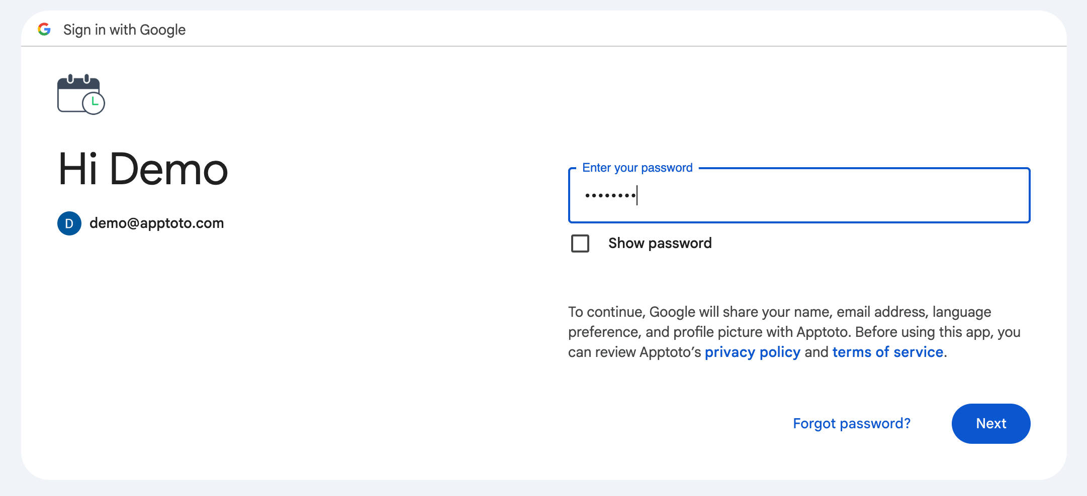 When logging in through Google, enter your password